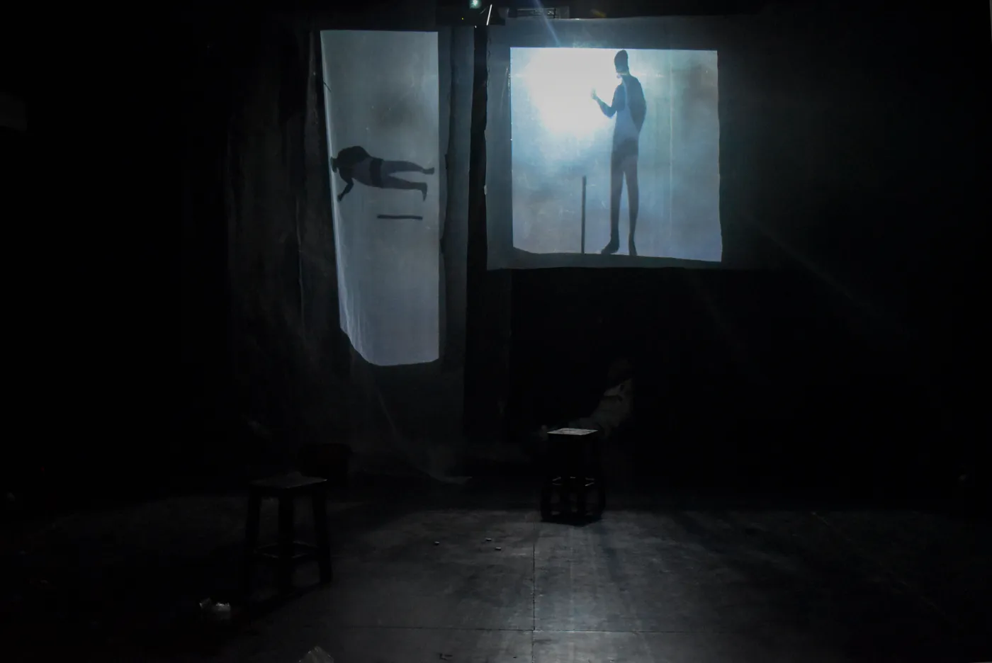 Two projection screens showing separate silhouetted figures, seen across the dark stage.